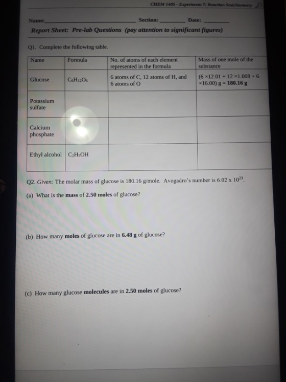 CHEM 1405 - Experiment 7: Reaction Stoichiometry 15 Name: Section: Date: Report Sheet: Pre-lab Questions (pay attention to si