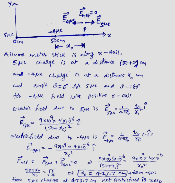 En P Ocm a distance SMC Enero suc -4Me х Soom Kao- Allume meter stick is along a-anis, 5MC charge is at (50 +39 cm anell - 4