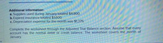 Additional information: a. Supplies used during January totaled $4,800. b. Expired insurance totaled $1,600. c. Depreciation