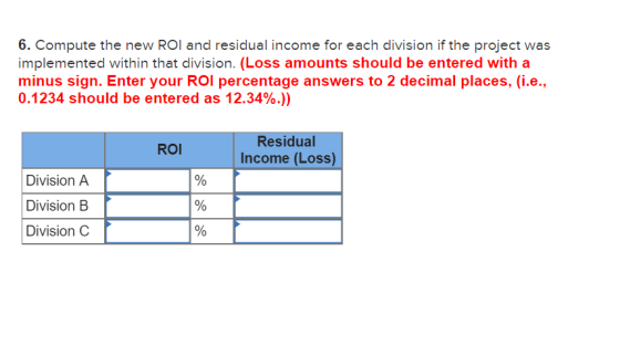 6. Compute the new ROI and residual income for each division if the project was implemented within that division. (Loss amoun