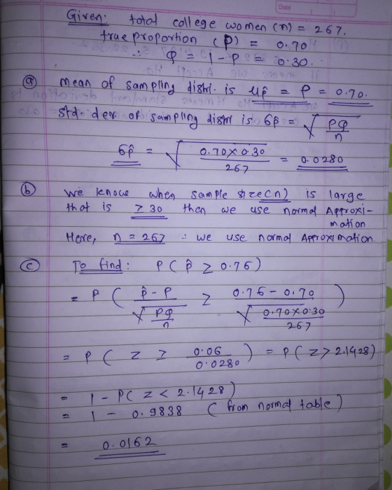 Date Given total coll eg e women C) = 267. trae proportion O70 O30 200 9 94 Mean of Sam pliny dighi is up O.70 2n09 Stdder of