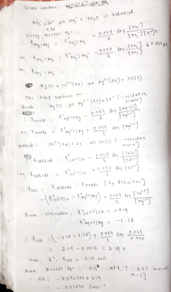NO 2,0) balanced Nog 2 Weing was not yet No, No, -0059 eng I No2 0:059 lng Tino, [ *22 - Nor] 20.059 PH N919) + Solting) Na m
