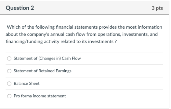 Question 2 3 pts Which of the following financial statements provides the most information about the companys annual cash flow from operations, investments, and financing/funding activity related to its investments? Statement of (Changes in) Cash Flow Statement of Retained Earnings Balance Sheet Pro forma income statement