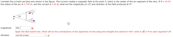 Consider the current-carrying wire shown in the figure. The current creates a magnetic field at the point P, which is the cen