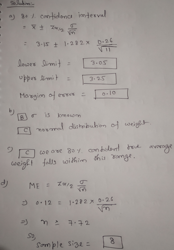 solutions - aj so l. contidence interval = X I 2012 GILE 3.15 + 1.2828 0.26 lower limit 3.05 upper limit 3.25 0.10 Margim of