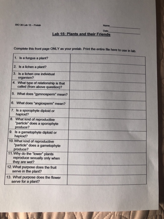 BIO 30 Lab 15 - Pretak Name Date Lab 15: Plants and their Friends Complete this front page ONLY as your prelab. Print the ent