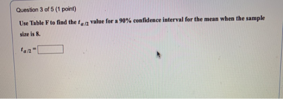 Question 3 of 5 (1 point) Use Table F to find the ta/2 value for a 90% confidence interval for the mean when the sample size