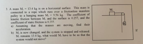 M 3. A mass M, = 13.4 kg is on a horizontal surface. This mass is connected to a rope which runs over a frictionless massless