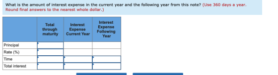 What is the amount of interest expense in the current year and the following year from this note? (Use 360 days a year. Round