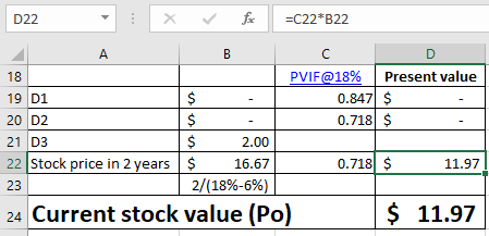D22 18 19 D1 20 D2 21 1 PVIF@18% | Present value 0.847 $ 0.718 $ .0X) 16.67 2/(1896-636) 0.718$ Stock price in 2 years 23 11.97 24 Current stock value (Po) 11.97