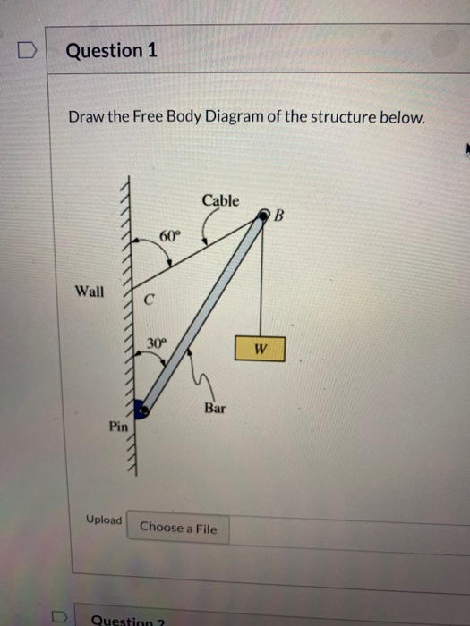 Question 1 Draw the Free Body Diagram of the structure below. Cable B 60° Wall 30° W Bar Pin Upload Choose a File Question 2