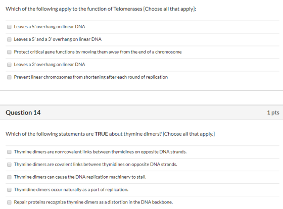 Which of the following apply to the function of Telomerases (Choose all that apply): Leaves a 5 overhang on linear DNA Leave