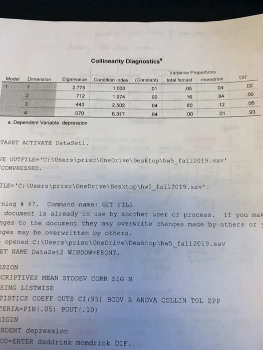 Collinearity Diagnostics Variance Proportions totalfsmast momdrink (Constant) Model Dimension Eigenvalue Condition Index 2.77