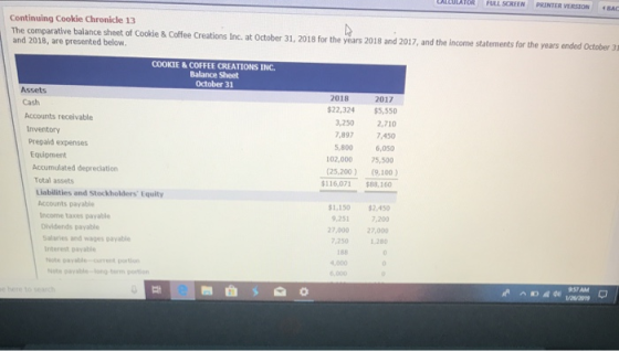 CULATOR FULL SCREEN PRINTER VİRSION BAC Continuing Cookie Chronicle 13 The comparative balance sheet of Cookie & CoffeCreations Inc. at October 31, 2018 for the years 2018 and 2017, and the income statements for the years ended October 3 and 2018, are presented below COOKIE & COFFEE CREATIONS INC. Balance Sheet October 31 Assets Cash 2018 2017 $22,324 $5,550 Accounts receivable 3,250 7,8977,450 2,710 Inventory Prepaid expenses Equipment 5,800 6,050 102,00075,500 (25,200) (9,100) 116,071 $88,160 Accumulated depreciation Total assets Liabilities and Stockholders Equity Accounts payable Income taxes payable Dlvidends payable 1,150 $2,450 9,2517,200 27,000 27,00 ,250128 Salaries and wages payable 188 Interest payable Note payable-cuetportion 4,000 te paysble-ong term portion 57 AM