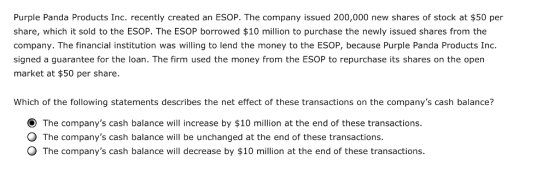 Purple Panda Products Inc. recently created an ESOP. The company issued 200,000 new shares of stock at $50 per share, which it sold to the ESOP. The ESOP borrowed $10 million to purchase the newly issued shares from the company. The financial institution was willing to lend the money to the ESOP, because Purple Panda Products Inc. signed a guarantee for the loan. The firm used the money from the ESOP to repurchase its shares on the open market at $50 per share. Which of the following statements describes the net effect of these transactions on the companys cash balance? O The companys cash balance will increase by $10 million at the end of these transactions. O The companys cash balance will be unchanged at the end of these transactions. O The companys cash balance will decrease by $10 million at the end of these transactions.