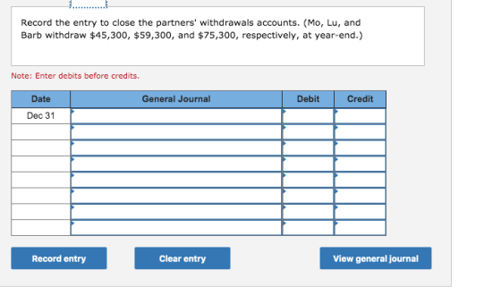 Record the entry to close the partners withdrawals accounts. (Mo, Lu, and Barb withdraw $45,300, $59,300, and $75,300, respe