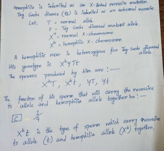 Hemophilia is inherited as an X-linked recessive onutation. Tay Sachs disease (ts) is inherited as an autosomal recessive. Le
