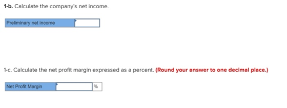 1-b. Calculate the companys net income. Preliminary net income 1-c. Calculate the net profit margin expressed as a percent.