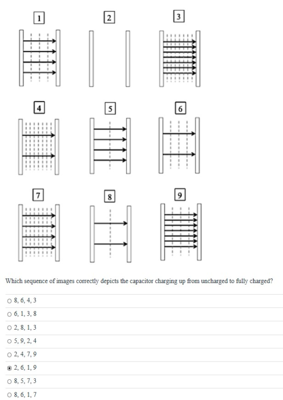 - HII - 11 - - THIE - 11 - 1 - || - DE Which sequence of images correctly depicts the capacitor charging up from uncharged to