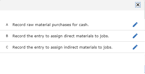 A Record raw material purchases for cash. B Record the entry to assign direct materials to jobs. C Record the entry to assign