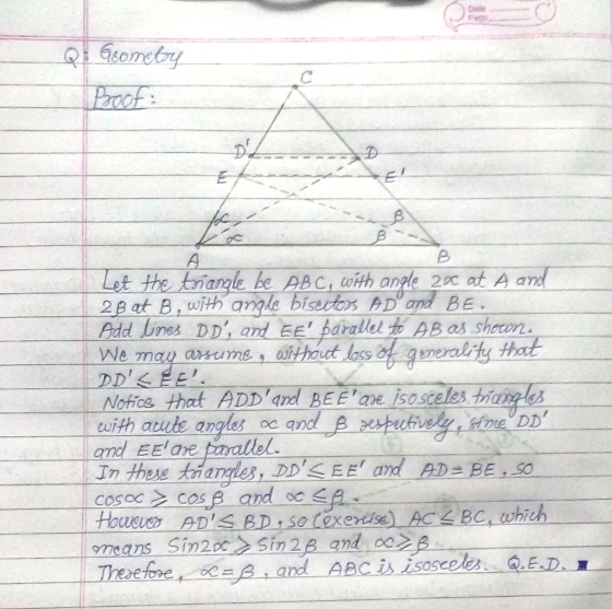 Dole Let the trianle be C with anple 20c at A and 2p at B,with angle bisests DandBE Add Lines DD and EE parallel ABs shtn. N