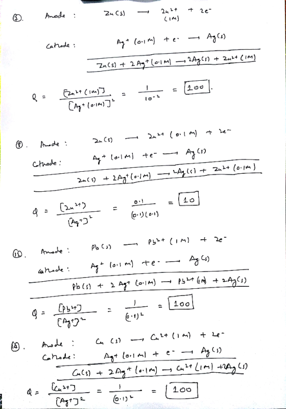 0. Anode : zu(s) — 242+ + 2e cim Cathode: Ag+ (0.1m) te Ag(s) 2Ag(1) + 241+ CIM) ZnCs) + 2 Ag+ (OIM Q = Ezett cims I = L - 20