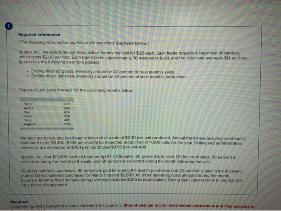 Required information (The following information applies to the questions displayed below) Iguana, Inc., manufactures bamboo p