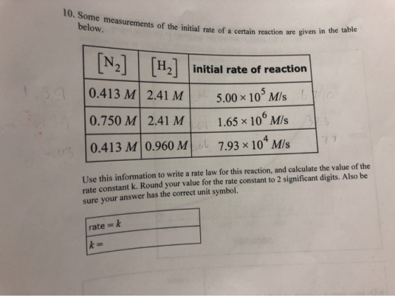10. Some measurements of the below. a certain reaction are given in the table 0.413 M 2.41 M 0.750 M 2.41 M 0.413 M 0.960 M i