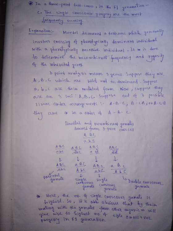 In a three-point test-cross, in the fl genanation- c. The single chossoven progeny are the most frequently. Occuring Explanat