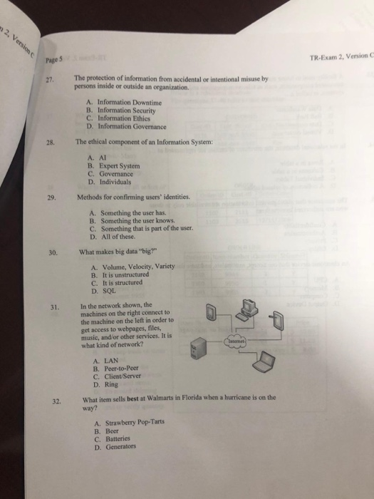Page 5 TR-Exam 2, Version C The protection of information from accidental or intentional misuse by persons inside or outside an organization 27. A. Information Downtime B. Information Security C. Information Ethics D. Information Governance 28. The ethical component of an Information System: A. AI B. Expert System C. Govemance D. Individuals 29, Methods for confirming users identities. A. Something the user has B. Something the user knows. C. Something that is part of the user. D. All of these. 30. What makes big data big? A. Volume, Velocity, Variety B. It is unstructured C. It is structured D. SQL In the network shown, the machines on the right connect to the machine on the left in order to 31. get access to webpages, files music, and/or other services. It is what kind of network? A. LAN B. Peer-to-Peer C. Client/Server D. Ring What item sells best at Walmarts in Florida when a hurricane is on the way? 32. A. Strawberry Pop-Tarts B. Beer C. Batteries D. Generators