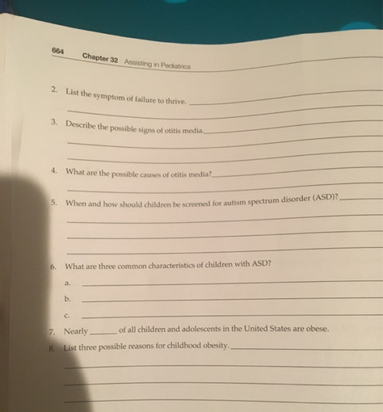 664 Chapter 32 Assisting in Pediatrics 2. List the symptom of failure to thrive. 3. Describe the possible signs of otitis med