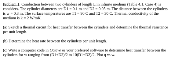 Problem 1 Conduction between two cylinders of length L in infinite medium (Table 4.1, Case 4) is considers. The cylinder diam