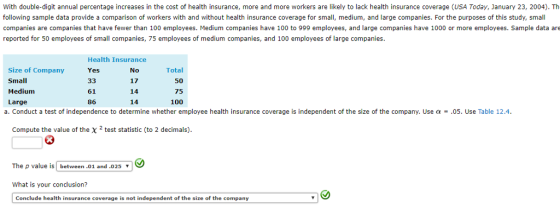 With double-digit annual percentage increases in the cost of health insurance, more and more workers are likely to lack health insurance coverage (USA Today, January 23, 2004). Th following sample data provide a comparison of workers with and without health insurance coverage for small, medium, and large companies. For the purposes of this study, small companies are companies that have fewer than 100 employees. Medium companies have 100 to 999 employees, and large companies have 1000 or more employees. Sample data are reported for 50 employees of small companies, 75 employees of medium companies, and 100 employees of large companies Health Insurance Size of Company Small Medium Large Total 50 75 100 Yes No 17 14 14 61 86 a. Conduct a test of independence to determine whether employee health insurance coverage is independent of the size of the company. Use α = .05. Use Table 12.4 Compute the value of the χ 2 test statistic (to 2 decimals) The p value is between.01 and .025 What is your conclusion? Conclude health insurance coverage is not independent of the size of the company