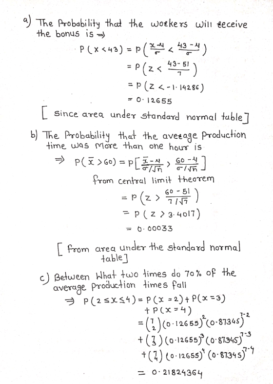 The probability that the woekers will teceive the bonus is - 43- 51 Since area under standard normal table1 b) The Probabty that the aveage Production time was More than one hous is from cenhral limit theorem Go 51 p ( z 〉 3.4017 = 6.00033 from area under the Standard normal Hable] c) ßetween What two times do 70% of the average production imes Pal 7-2 (0-12655) (o-81345) + (3) (0-12655)(0 81349., (2) (0 126ss) (o87345) O. 2182136