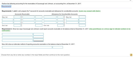 Perform the following accounting for the receivables of Cavanaugh and Johnson, an accounting firm, at December 31, 2017 Requi