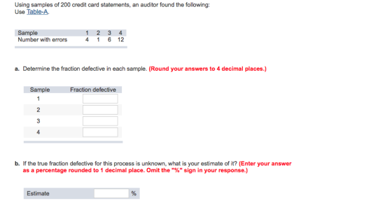 Using samples of 200 credit card statements, an auditor found the following: Use Table-A. Sample Number with errors 1 4 2 1 3