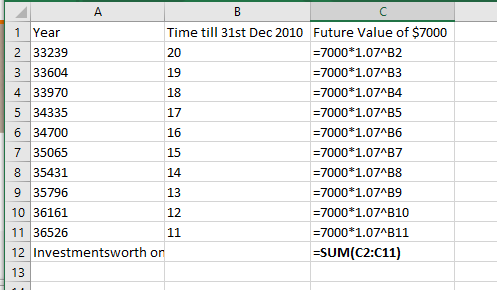 ДА 1 Year Time till 31st Dec 2010 Future Value of $7000 2 33239 =7000*1.07^B2 3 33604 =7000*1.07^B3 4 33970 18 =7000*1.074B4