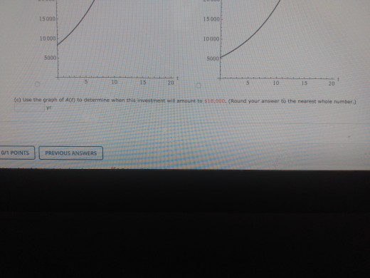 15000 15.000 10 000 10000 5000 (c) Use the graph of An to determine when this investment will amount to 318.000. (Round your