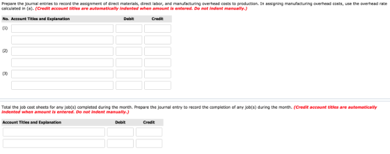 Prepare the journal entries to record the assignment of direct materials, direct labor, and manufacturing overhead costs to production. In assigning manufacturing overhead costs, use the overhead rate calculated in (a). (Credit account titles are automatically indented when amount is entered. Do not indent manually.) Debit Credit No. Account Titles and Explanation Total the job cost sheets for any job(s) completed during the month. Prepare the journal entry to record the completion of any job(s) during the month. (Credit account titles are automatically indented when amount is entered. Do not indent manually.) Debit Credit Account Titles and Explanation