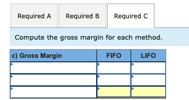Required A Required B Required C Compute the gross margin for each method. c) Gross Margin FIFOLIFO