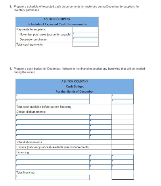 2. Prepare a schedule of expected cash disbursements for materials during December to suppliers for inventory purchases. ASHT