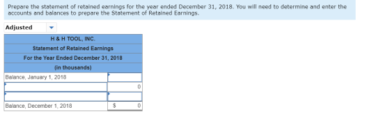 Prepare the statement of retained earnings for the year ended December 31, 2018. You will need to determine and enter the acc