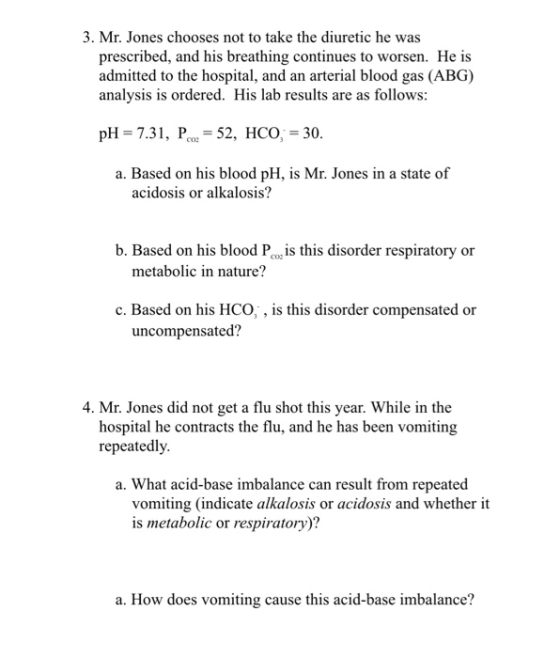 3. Mr. Jones chooses not to take the diuretic he was prescribed, and his breathing continues to worsen. He is admitted to the