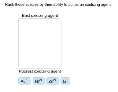 Rank these species by their ability to act as an oxidizing agent Best oxidizing agent Poorest oxidizing agent