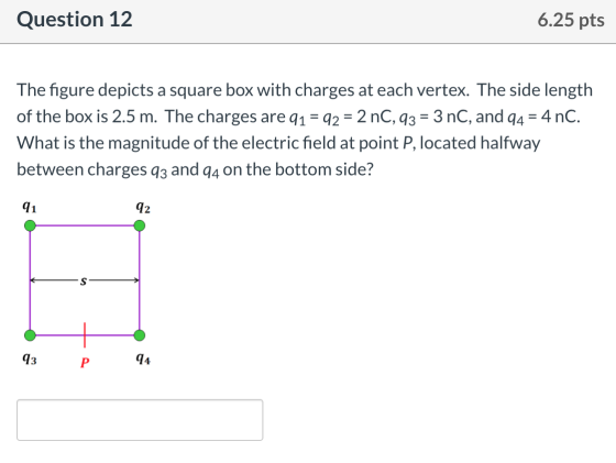 Question 12 6.25 pts The figure depicts a square box with charges at each vertex. The side length of the box is 2.5 m. The ch