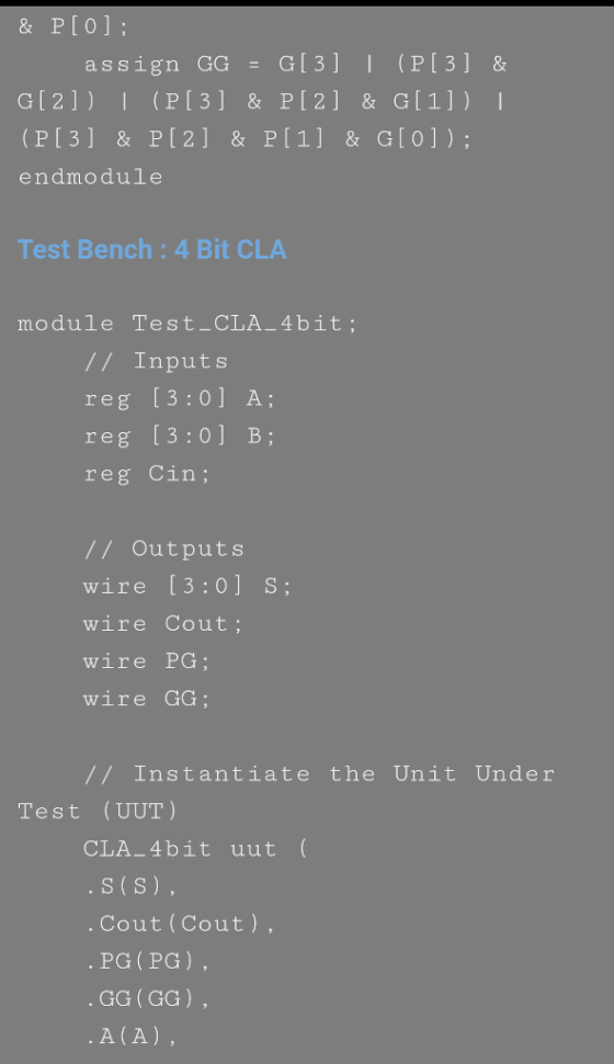 assign GG-G13 I (Pl3 & G [2]) I(PI3]& P 12]&G[1]) endmodule Test Bench:4 Bit CLA module Test_CLA 4bit; // Inputs reg [3:O] A;