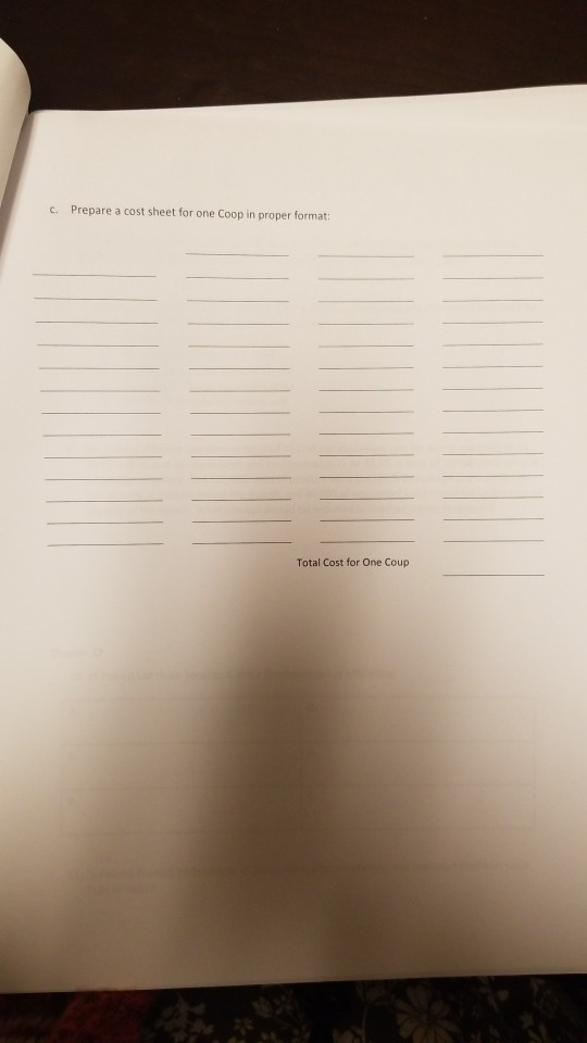 c. Prepare a cost sheet for one Coop in proper format: Total Cost for One Coup