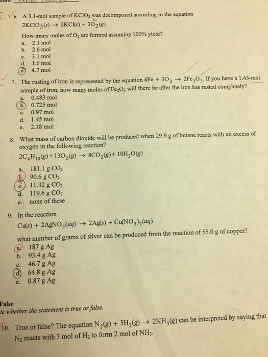 A 3.1 -mol sample of KCIO_3 was decomposed accordi