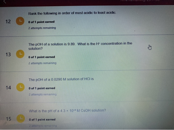 Rank the following in order of most acidic to least acidic. O of 1 point earned 2 attempts remaining The pOH of a solution is