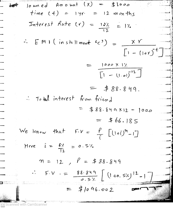 louned Amount (x) time (4) 1 lyr Interest Rate (r) = $1000 12 months 12% 12 = 17. - Emolinstallment oc) хү [1 - (1+r5t] 1000